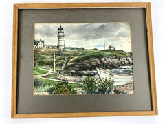 Vtg Lighthouse Watercolor Painting Picture Rocky Coast Ocean Seagulls Boat Mini