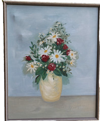 Vintage oil painting Roses and Daisies framed and signed, Large Cheerful