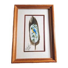 Vtg Parrot on a Feather Signed Artist Elizabeth Costa Rica Framed Feather Art