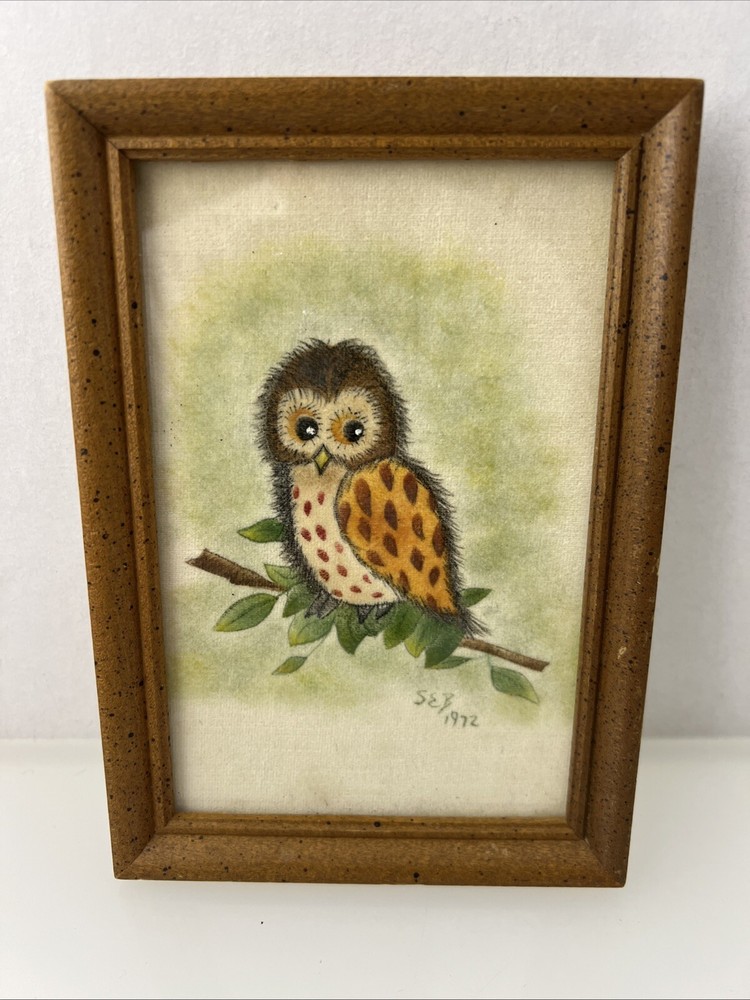 Fledgling Owl Owlet Sitting On Branch Framed Painting Signed 1972 4.75” X 6.76”