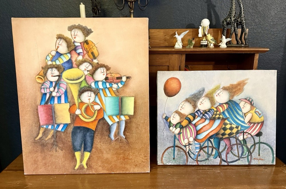 Pair of Signed Joyce Roybal Original Paintings – Musicians & Bicycle Scene
