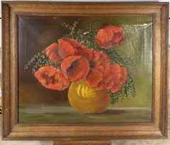 1940’s French Oil On Canvas Red Poppies Still Life Framed Zeheux