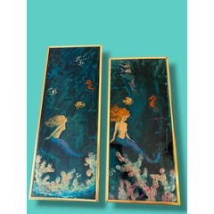 Vintage Set of Mermaid Mixed Media Paintings Framed Pair Coastal Mermaidcore Art