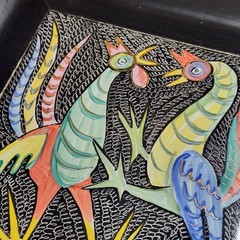Aida Whedon Hand Painted Framed 11.5 x 11.5 Tile Gold Accents Roosters Signed!