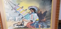 Signed Guatemalan Folk Art Watercolor Painting Girl Weaving Plus Tourism Maps