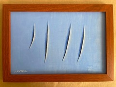 FONTANA Drawing and painting on antique wood, signed and sealed, framed in wood