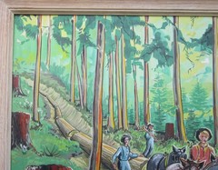 LOGGING SCENE PAINTING Horses Loggers Stumps Logs Moonshine 18″ x 24″ FOLK ART