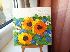 Original Painting Flowers Art Sunflowers and Forget-me-nots Miniature 14X14cm