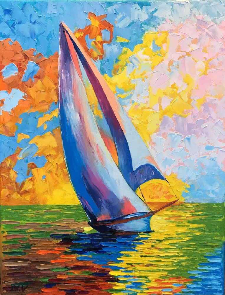 Sailboat Original Oil Painting Artwork Seascape Painting Coastal Beach Artwork