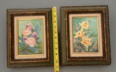 VTG 1960’s Still Life Floral Oil Paintings in Green Gold Frames 11” X 9” Set