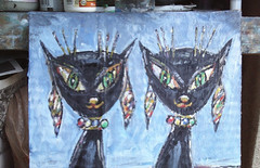 TWO BLACK CATS new retro art original 8×10 card panel oil painting by Crowell