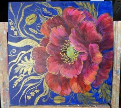 Hand Painted Poppy Flower Wall Art 12×12 Gold/ Acrylic Painting On Cardboard