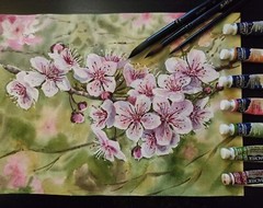 Flower SNOWY CHERRY BLOSSOMS Original Artwork Painting Floral Art Gift Signed A4