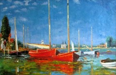 Monet Red Boats at Argenteuil Repro, Quality Hand Painted Oil Painting 24x36in