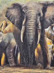 Kenyan Artist RICHARD KIMEMIA African Painting Elephant Family CARVED WOOD FRAME