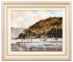 Martindale California Impressionist Harbor Scene w/ Sailboats at Rest 22″ X 26″