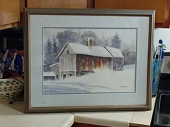 Painting of barn covered snow fine art watercolor landscape painting (original)