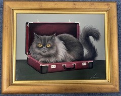 Lowell Herrero Oil on Canvas American Cat in Briefcase Listed Signed Nice!