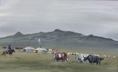 Gouache View Presumed Of The Zorgol Mountain Mongol Camp Near The Yak