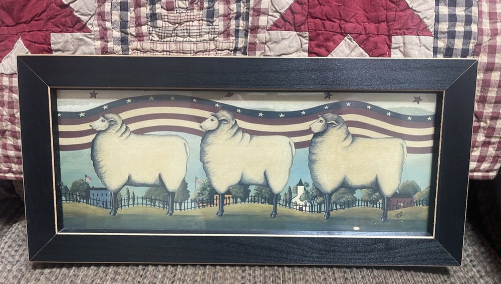Folk Art Americana Three Sheep Flag Border American Wood Cass Frame Galion OH