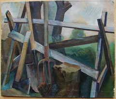 Ukrainian Soviet USSR Oil Painting postimpressionism farmstead shovel axe forks