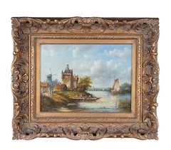 Vintage Dutch Village Landscape Oil Painting on Board River Boats Realism 24″