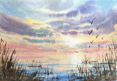Original Art Modern Painting Landscape LONELY FISHERMAN IN BOAT Seascape Gift A5