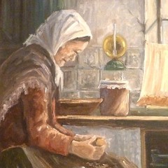 MONOGRAM SIGNED! INTERIOR WITH OLDER WOMAN PEELING POTATOES