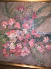 Original ‘58 MCM Signed A Teslar Pink Flowers Still Life 13.25”W 17.25”T Framed