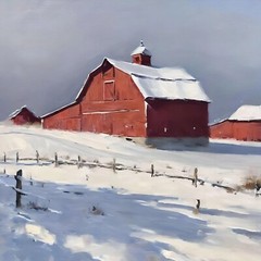 8×10 inch Acrylic Enhanced Print “ Red Barn in Winter“ with Spring Wildflowers