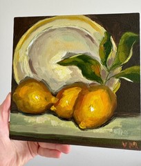 Lemons Original Oil Painting Still Life Plate Signed Modern Wall Art Decor