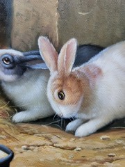 Vintage Oil Painting Two Rabbits with Framed Canvas Art Signed Gold Gild Frame