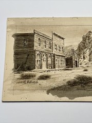 ANTIQUE ART DECO PAINTING ILLUSTRATION Ghost Town Western Landscape Desert