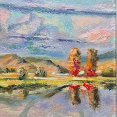original autographed oil painting framed. Mountain landscape with a river4х4