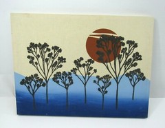 Landscape Sunset Blue Monochromatic Flocked Trees Linen Canvas Water Mountains