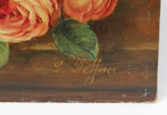 Ludwig Deffner 15×19 Antique Oil Painting Detailed Still Life Flowers in Vase