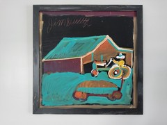Jimmy Lee Sudduth Folk Art Landscape Painting of Tractor and Barn