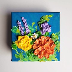 Art Handmade sculpture Painting On Canvas Texture Flowers Colorful 3D 4×4 inch