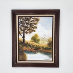 Original D Davidson Oil Painting Landscape Trees Lake Framed 19×23 Vintage Art