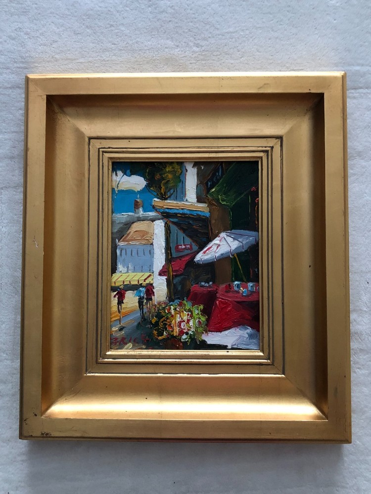 Impressionistic oil on canvas painting French Street Scene Cafe signed Zevon
