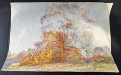 Vintage 1940s Watercolor Painting Forest In Autumn Landscape 14×20