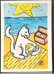 ACEO Original Art 2.5X3.5 Trading Card Actually Cats White Cat & Fish At Beach