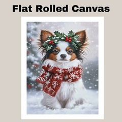 Christmas Papillon Wall Art with Holly Wreath Dog Canvas Print for Living Room
