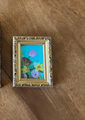 Original Small Acrylic Painting, Vtg Gold Frame; Teal Floral; Signed on Back