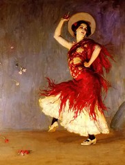 Oil painting arthur kampf – a flamenco dancer young lady dancing with flowers