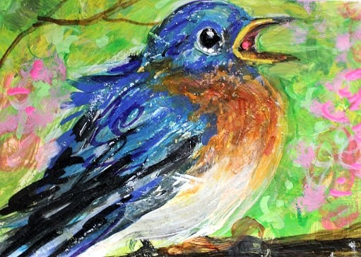 ORIGINAL ACEO PAINTING Eastern BLUEBIRD Spring Blue BIRD Flower Nature ATC ART