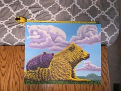 Bear And Cub Contemporary Bear Fish Clouds Oil On Canvas 24 X 30
