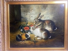 Escaped Rabbits & Guinea Pig Framed Oil On Canvas Painting Signed Byron 16x20in.