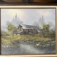 Original oil painting On Canvas Landscape Barn Ornate Frame Signed R.Hilton
