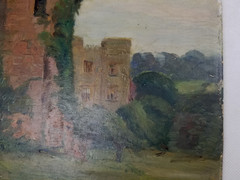 American School Philadelphia Oil Board Painting Castle Ruins Unsigned C. 1880